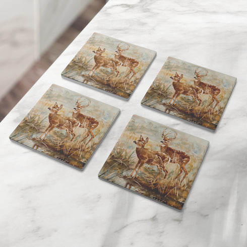 Deer At Rivers Edge Watercolor Coaster Set