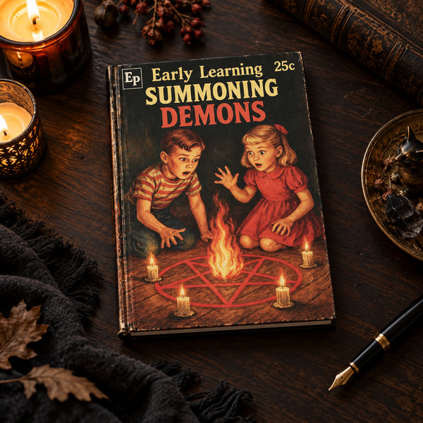 Vintage Early Learning Summoning Demons hard backed journal featuring two children beside a candlelit ritual circle on a dark Halloween writing desk