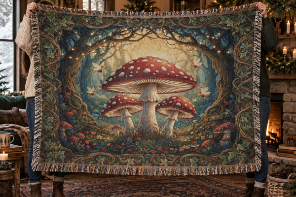 Woven cotton blanket featuring three red spotted toadstools in an enchanted forest surrounded by twisting vines, fairy lights, and a whimsical woodland border