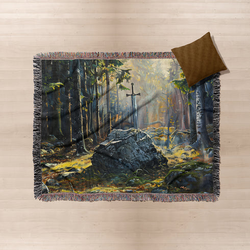 Sword in the Stone Woven Blanket | Arthurian Forest Cotton Throw