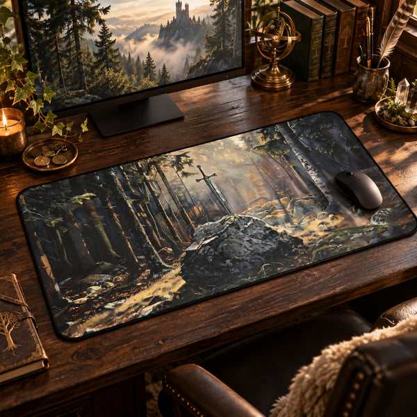 Sword in the Stone Forest Desk Mat | Arthurian Fantasy Mouse Pad