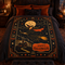 Vintage Halloween witch blanket on a gothic bed with smiling moon, haunted house, stars and orange black retro design