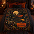 Vintage Halloween witch blanket on a gothic bed with smiling moon, haunted house, stars and orange black retro design