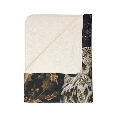 Woodland Christmas Owl Fleece Sherpa Blanket – Gothic Winter Nature Throw