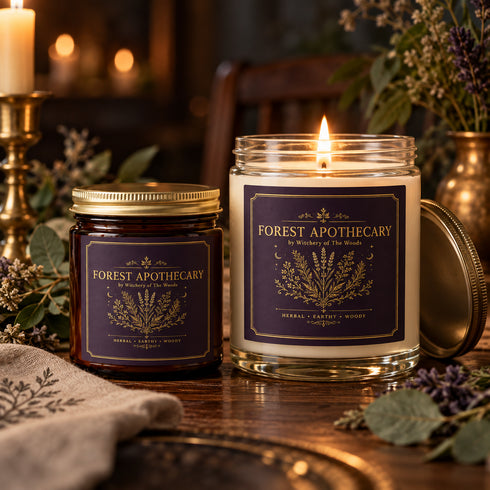 Forest Apothecary coconut apricot wax candles in 4oz and 9oz sizes with dark purple botanical labels and gold lids in a candlelit dining setting.