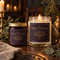 Forest Apothecary coconut apricot wax candles in 4oz and 9oz sizes with dark purple botanical labels and gold lids in a candlelit dining setting.