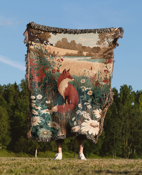 Meadow Fox Woven Blanket | Cottagecore Woodland Cotton Throw