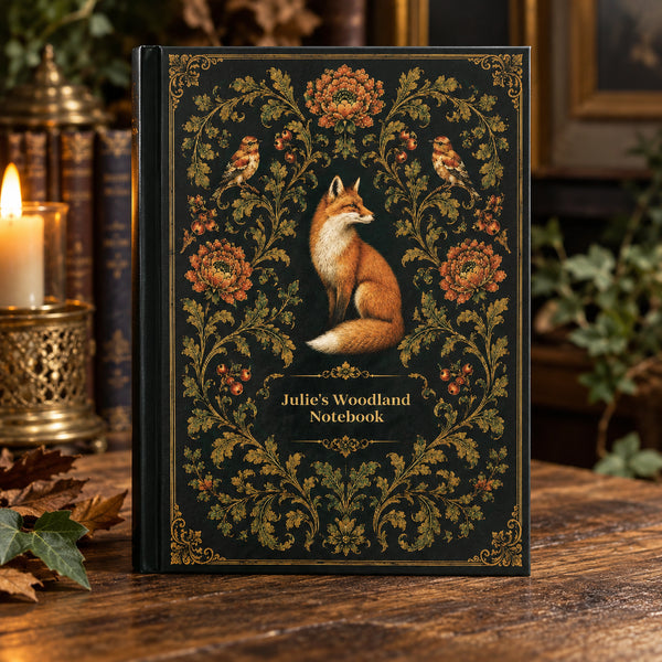 A hardcover notebook titled 'Julie's Woodland Notebook' can be personalized, stands on a wooden table. The cover is black with an ornate gold floral border and features a central illustration of a fox.