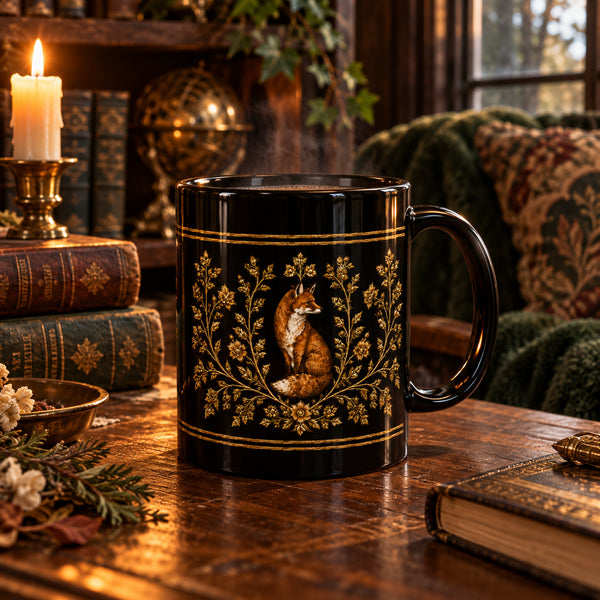 A black ceramic mug with a gold fox and floral design, set on a wooden table in a cozy, warmly lit room with books and a candle.