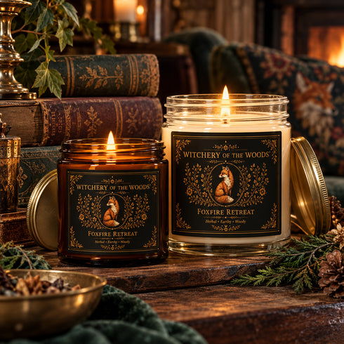 Foxfire Retreat woodland candles in 4oz amber and 9oz clear glass vessels with ornate fox botanical labels in a cozy fireside living room.