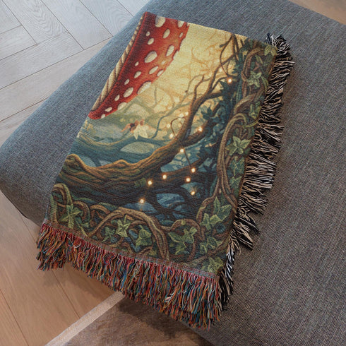 Mushroom Woven Cotton Throw Blanket – Bohemian Cottagecore Nature Tapestry