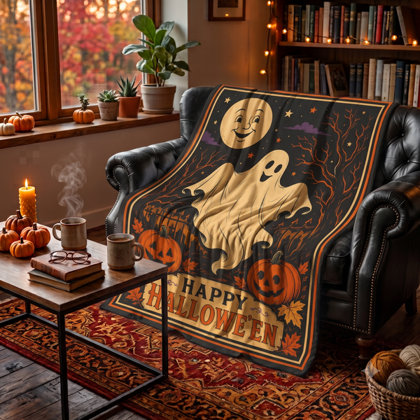 Vintage Ghost Halloween Blanket | Jack O’ Lantern Velveteen Throw