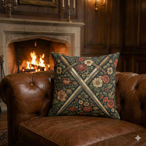 Medieval Crossed Swords William Morris Floral Tapestry Cushion Woven Cushion with Insert