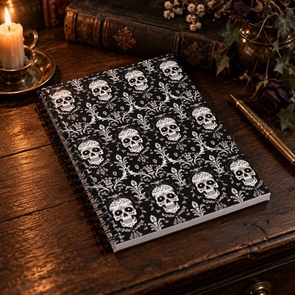 A spiral-bound notebook with a black cover decorated with a repeating white skull and damask floral pattern, displayed on a rustic wooden table next to a lit candle, an antique book, and a gold pen.