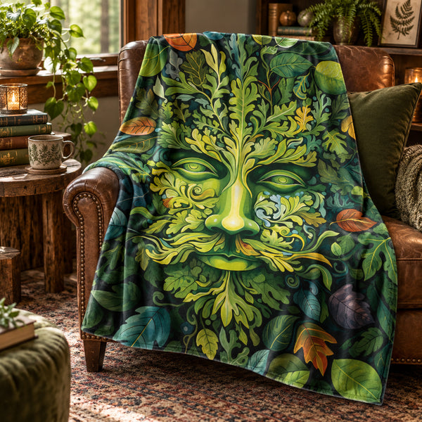 Green Man velveteen blanket with vivid leafy forest artwork draped over a brown leather armchair in a cosy woodland-inspired reading nook.