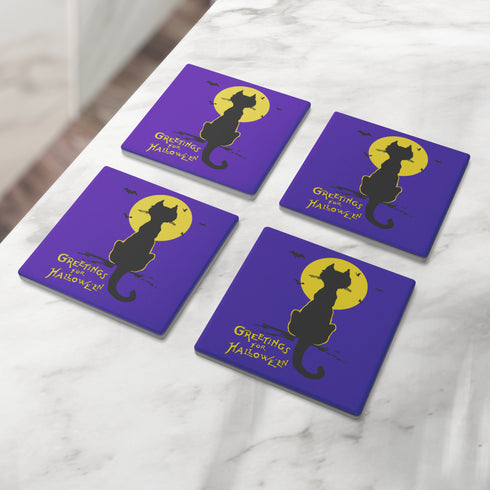 Halloween Black Cat Moon Coaster Set