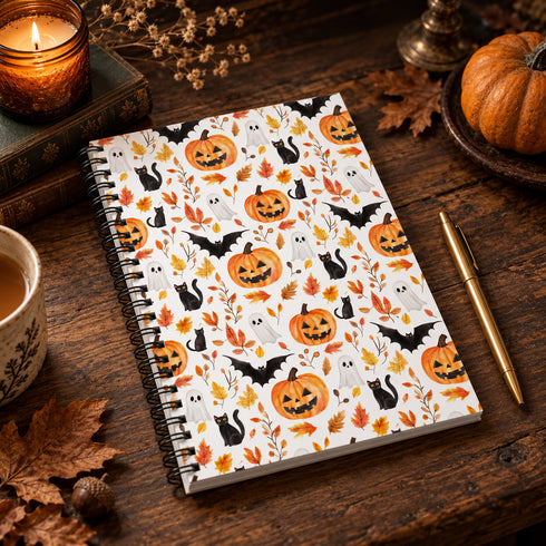 Halloween Pumpkins & Ghosts Spiral Notebook | Autumn Black Cat Journal