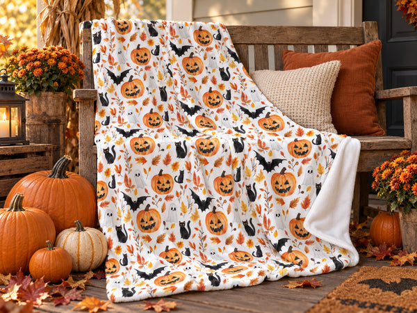 Halloween velveteen plush blanket with pumpkins, bats, black cats, ghosts and autumn leaves draped over a rustic wooden bench with autumn cushions and pumpkins