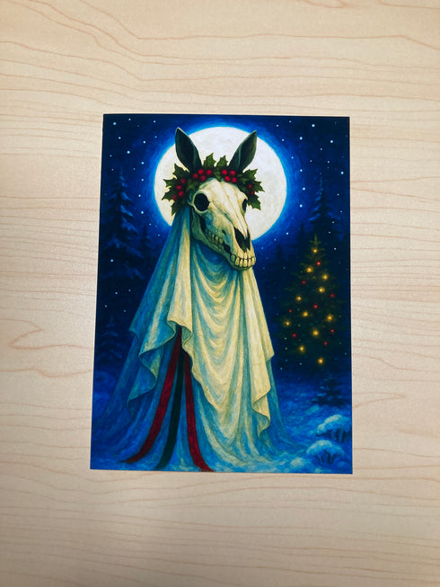 Mari Lwyd Christmas Card • Welsh Folklore Yule Card Welsh Creepy Christmas Horse Skull & Holly 5" x 7" Blank Alternative Holiday Greeting