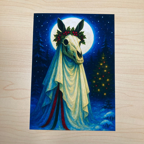 Mari Lwyd Christmas Card • Welsh Folklore Yule Card Welsh Creepy Christmas Horse Skull & Holly 5" x 7" Blank Alternative Holiday Greeting