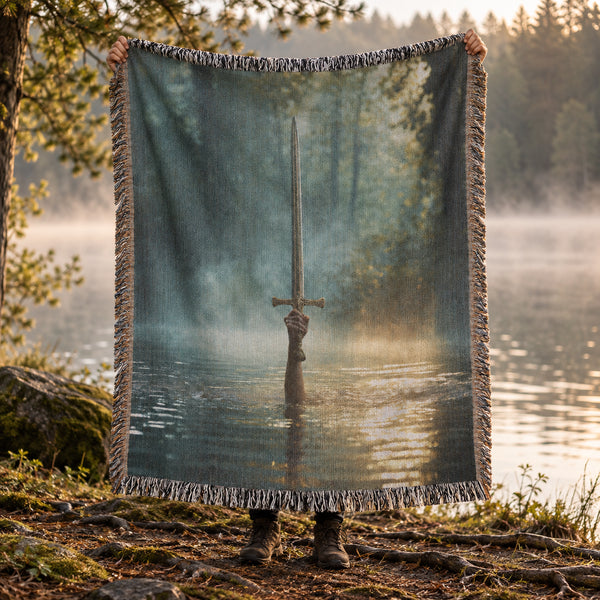 Woven cotton blanket featuring the Lady of the Lake holding Excalibur aloft in misty water with fringed edges