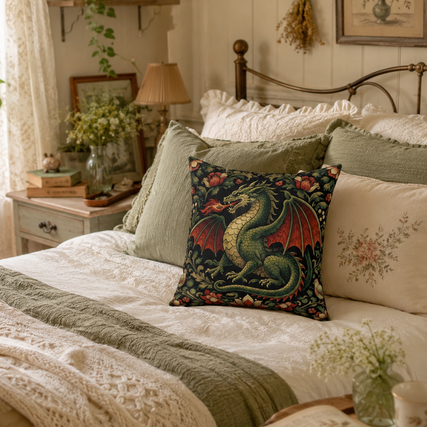A decorative throw pillow featuring a detailed green dragon illustration with red wings and floral details, styled on a bed with other sage green and cream pillows in a cozy, rustic bedroom setting.