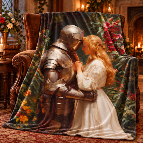 Romantic medieval knight and lady velveteen blanket artwork surrounded by lush flowers in a storybook garden