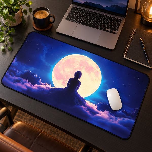 A large desk mat with a printed design of a silhouetted figure sitting in front of a glowing full moon among clouds, shown on a dark desk with a laptop, coffee cup, plant, and notebook nearby.
