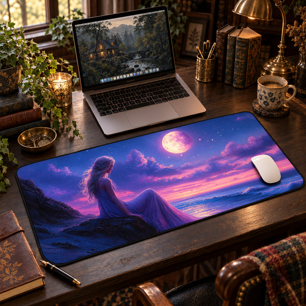 A large rectangular desk mat with a colourful fantasy landscape print sits on a wooden desk. The artwork shows a woman sitting by the waters edge under a glowing moon, with a purple, pink, and blue sky.