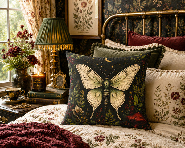 A decorative throw pillow featuring a large cream-colored butterfly on a dark, vintage-style botanical background, styled on a bed in a cozy, antique-inspired bedroom.