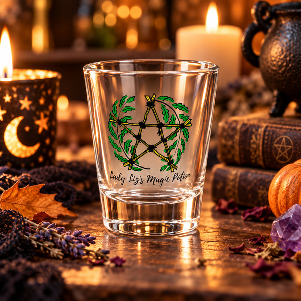 Personalised Pentagram & Oak Leaves Shot Glass | Forest Witch