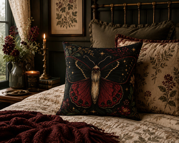 A decorative throw pillow featuring a large red and gold butterfly on a dark background, styled on a bed in a cozy, dark-themed bedroom.