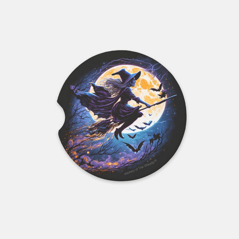 Mystical Witch Flying In The Moonlight Sandstone Car Coaster