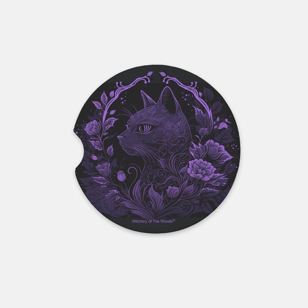 Violet Floral Cat Sandstone Car Coaster
