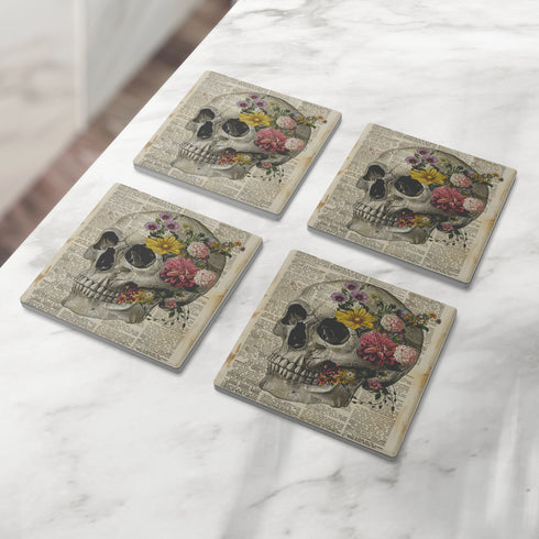 Skull and Flowers Ephemera Stone Coasters