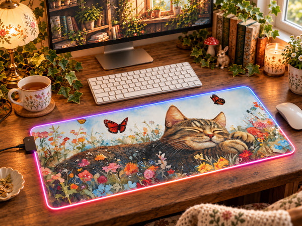 Sleeping Kitten LED Desk Mat | Cottagecore RGB Mouse Pad