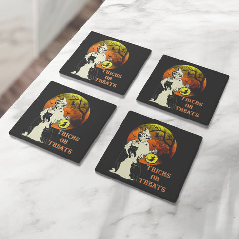 Trick or Treat Halloween Ghost and Black Cats Coaster Set