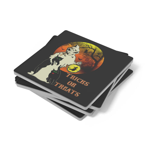 Trick or Treat Halloween Ghost and Black Cats Coaster Set