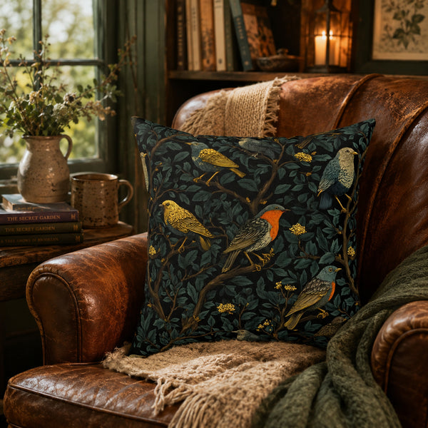 A square decorative throw pillow with a detailed bird pattern on a dark teal background, styled on a brown leather armchair in a cozy, rustic living room setting.