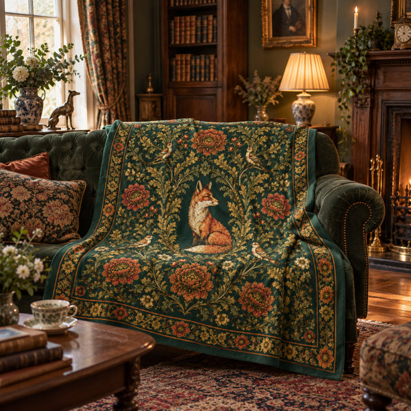 Victorian woodland fox velveteen fleece blanket with birds and botanical details in forest green and gold