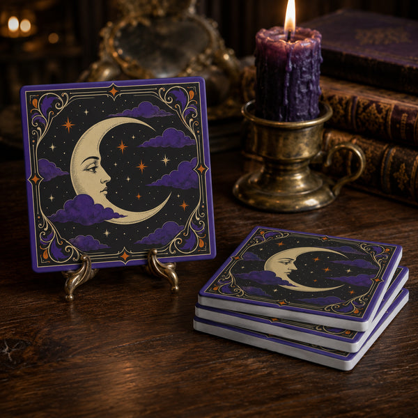 A set of square decorative coasters with a gothic celestial design, featuring a crescent moon and stars in purple clouds. One coaster is shown standing on a small gold stand, and a stack of four coasters lies on a dark wooden table next to a lit purple candle and old books.
