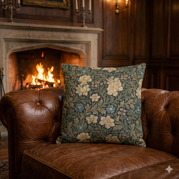 A square decorative throw pillow with a floral pattern in muted blue, beige, and green, resting on a brown leather Chesterfield sofa in front of a warm fireplace.