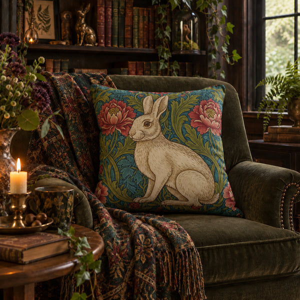 A decorative square throw pillow featuring a cream-colored rabbit on a teal and pink floral background, styled on an olive green armchair in a cozy, book-filled room.