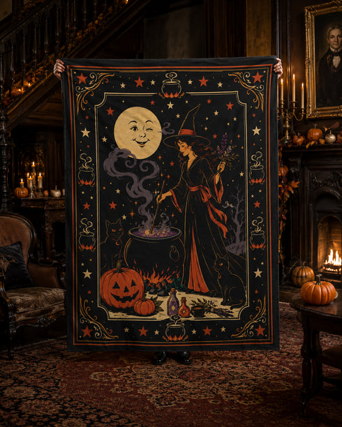 Vintage Witch Halloween Blanket | Cauldron, Black Cat & Pumpkin Throw