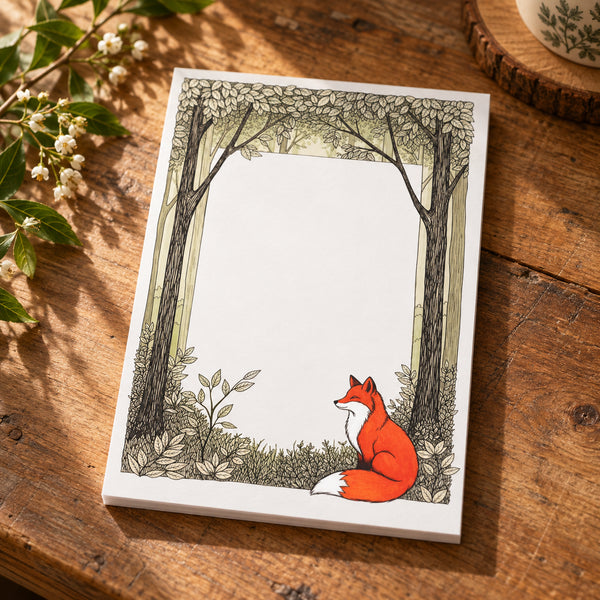 Woodland fox Post-it note pad featuring a red fox beneath illustrated forest trees styled on a warm sunlit cottagecore wooden desk