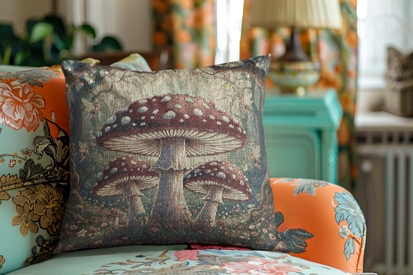 A square decorative throw pillow featuring a detailed print of three red-and-white mushrooms on a textured gray-brown background, styled on an orange floral armchair in a cozy living room setting.