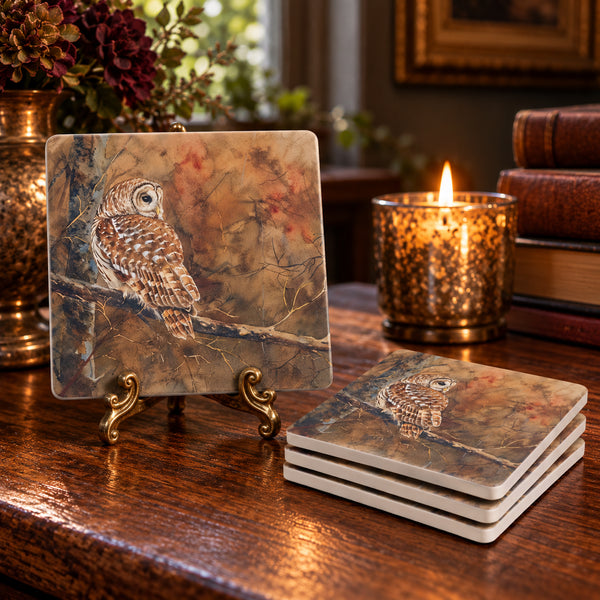 Barred Owl in the Forest Soapstone Coasters | Woodland Set of 4