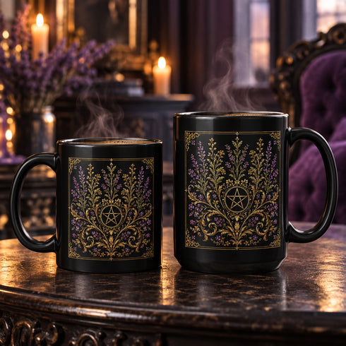 Black Lavender Pentacle Mug, Gothic Botanical Ceramic Coffee Mug
