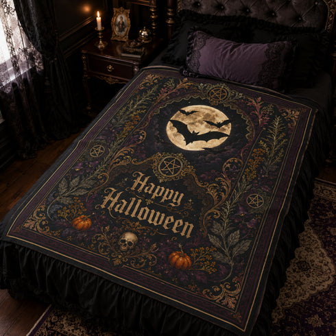 Victorian Halloween Velveteen Blanket | Gothic Moon & Bats Throw