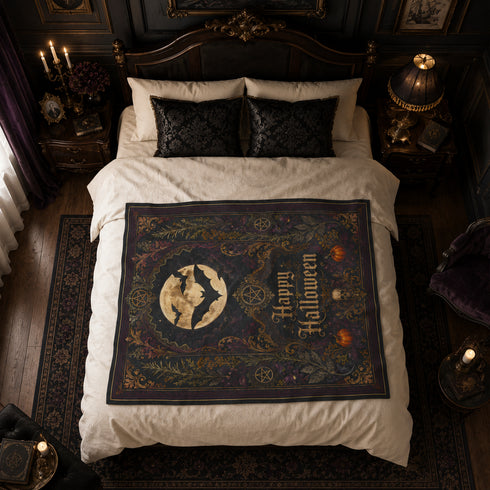 Victorian Halloween Velveteen Blanket | Gothic Moon & Bats Throw